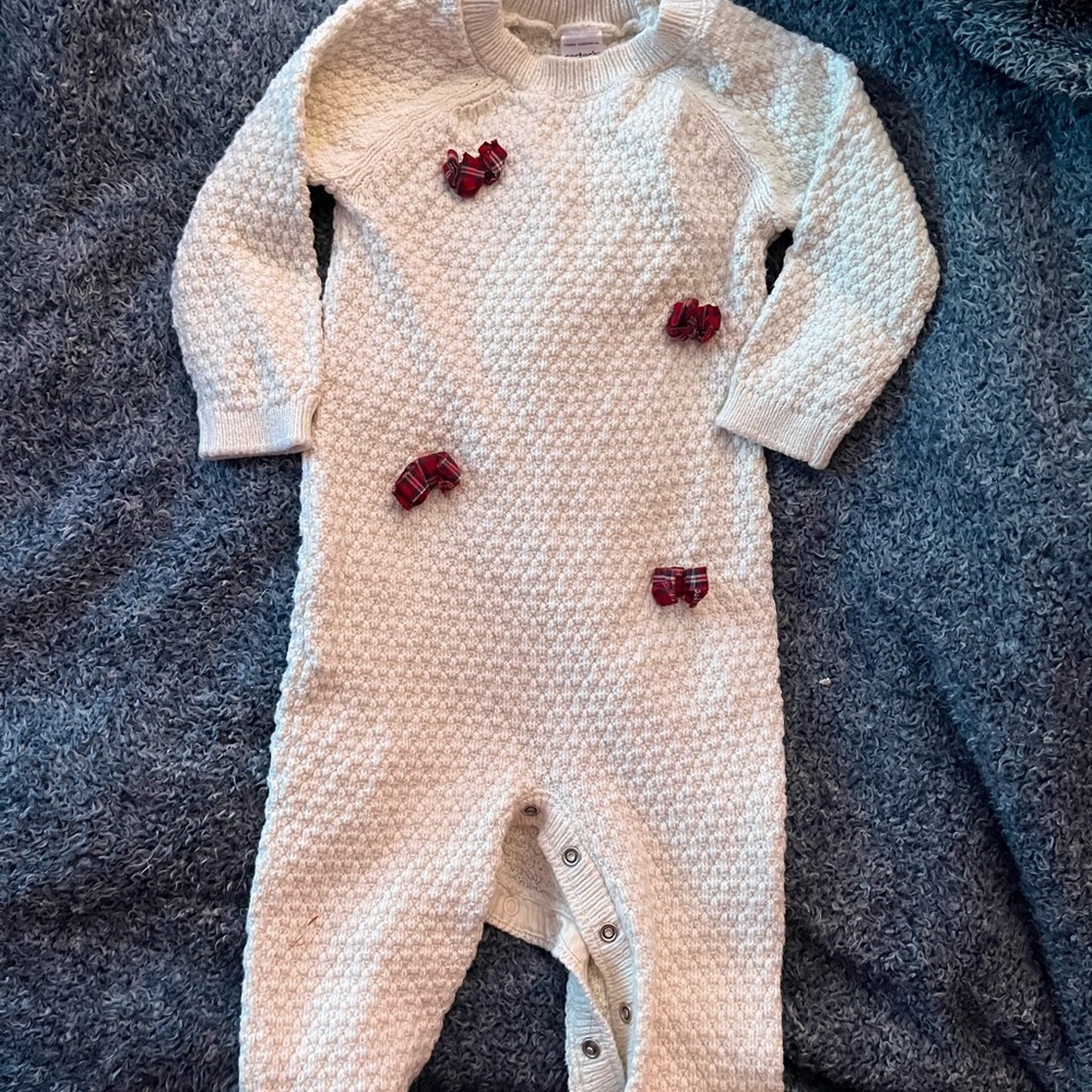 Kids Cream Knit One-Piece with Plaid Bow Accents